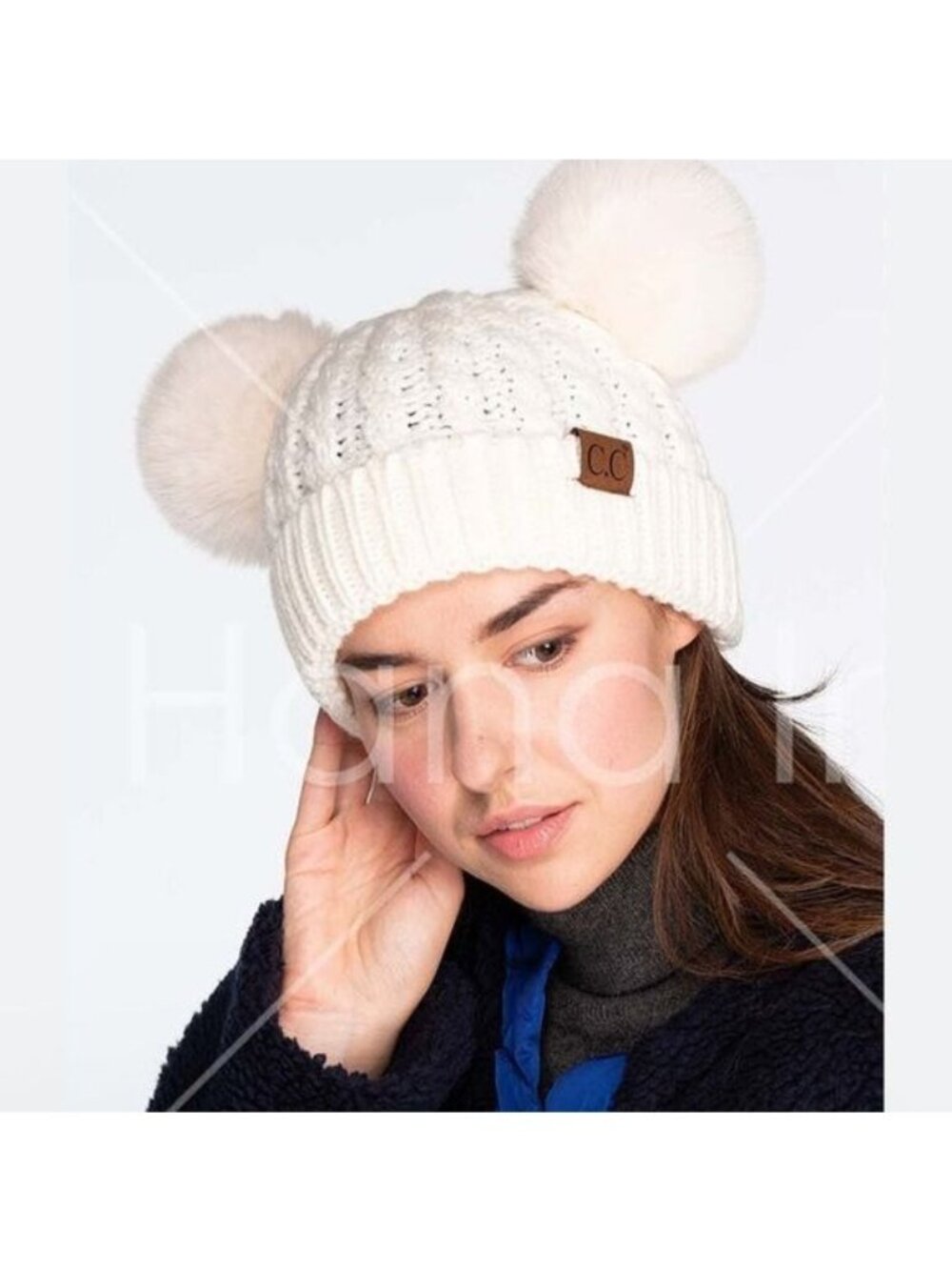 C.C Exclusives Cream Knit Beanie With Pom Poms